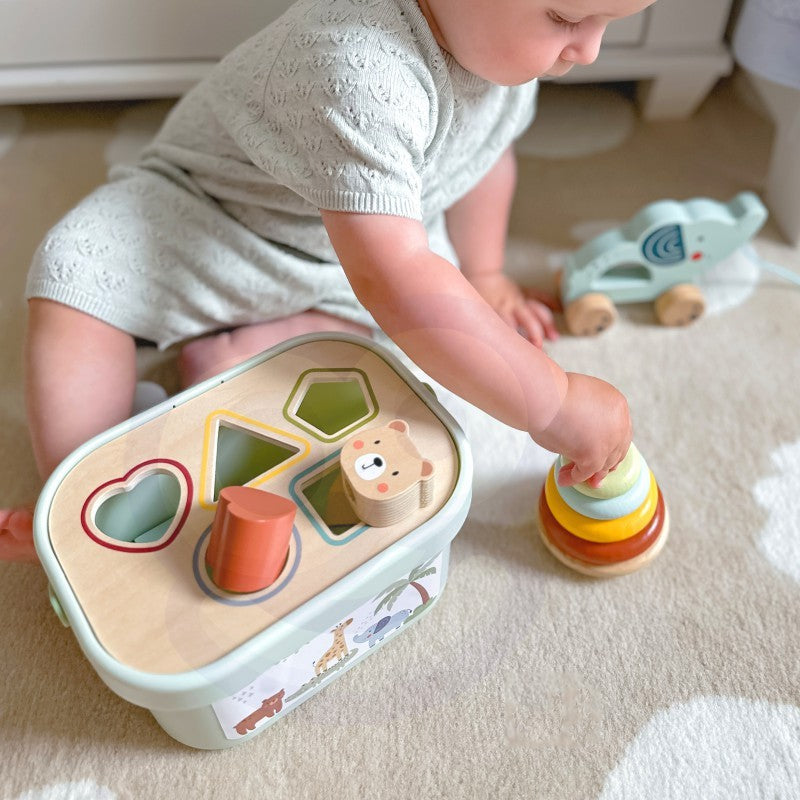 3-in-1 žaislų dėžė: rūšiavimo blokeliai, piramidė ir dramblys ant ratukų - BureiKids