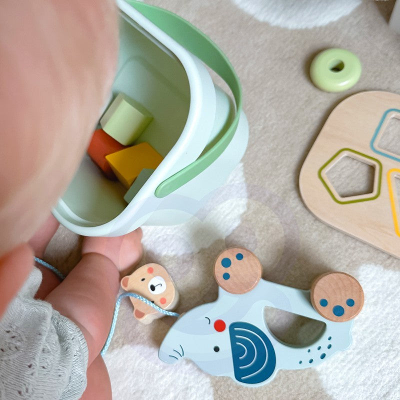 3-in-1 žaislų dėžė: rūšiavimo blokeliai, piramidė ir dramblys ant ratukų - BureiKids