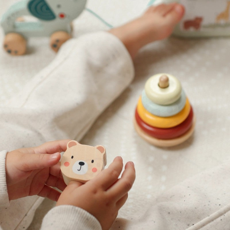 3-in-1 žaislų dėžė: rūšiavimo blokeliai, piramidė ir dramblys ant ratukų - BureiKids