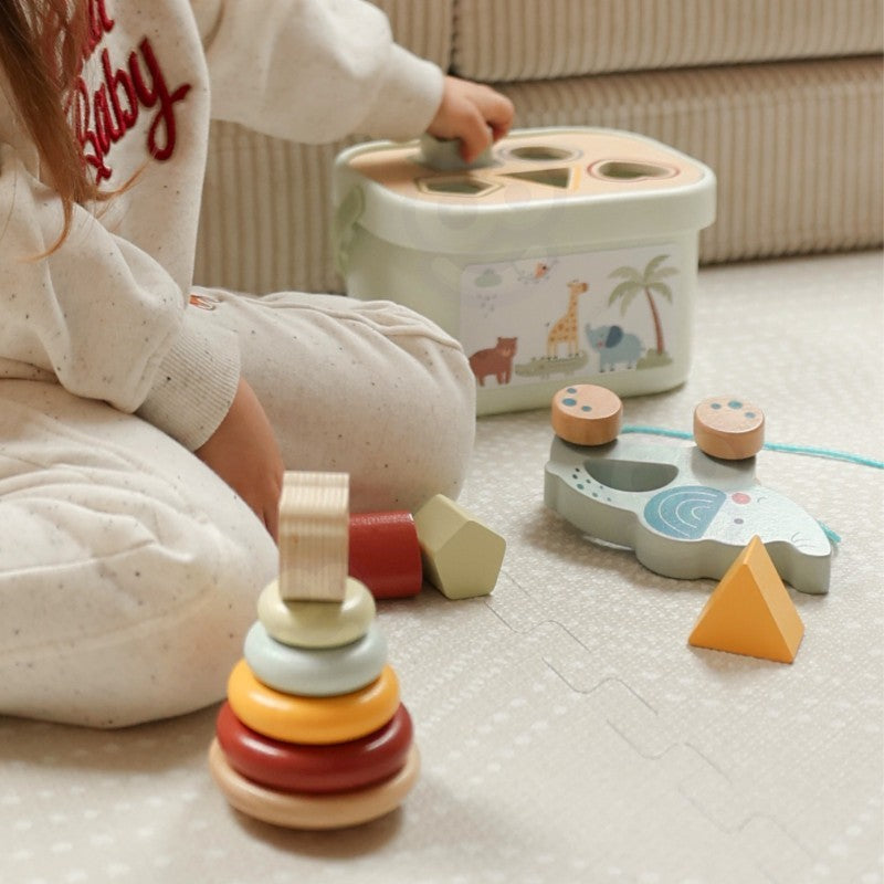 3-in-1 žaislų dėžė: rūšiavimo blokeliai, piramidė ir dramblys ant ratukų - BureiKids