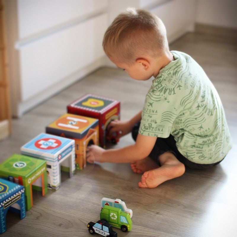 Dėlionė „Miesto transportas dėžutėse“ (kubelių dėlionė) - BureiKids