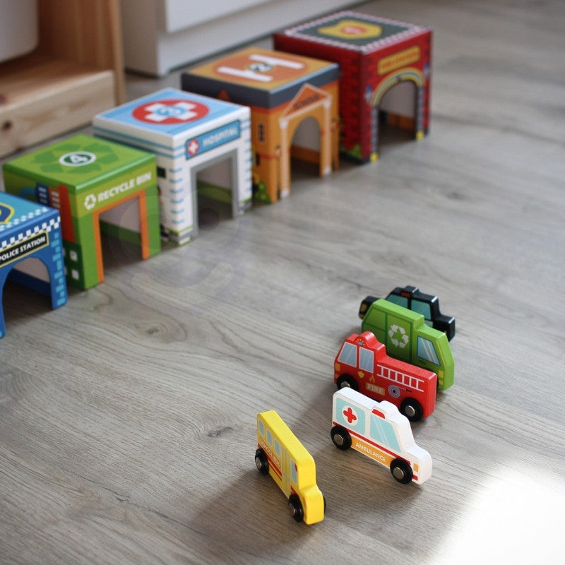 Dėlionė „Miesto transportas dėžutėse“ (kubelių dėlionė) - BureiKids