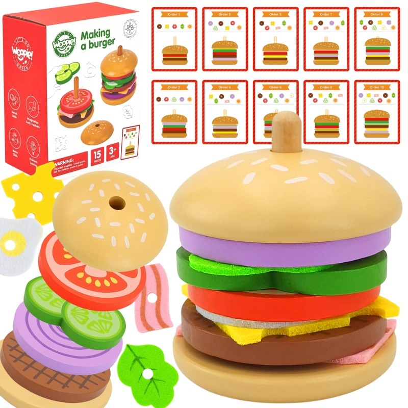 Medinė vaikų dėlionė „Burgerių restoranas“, 15 vnt. - BureiKids