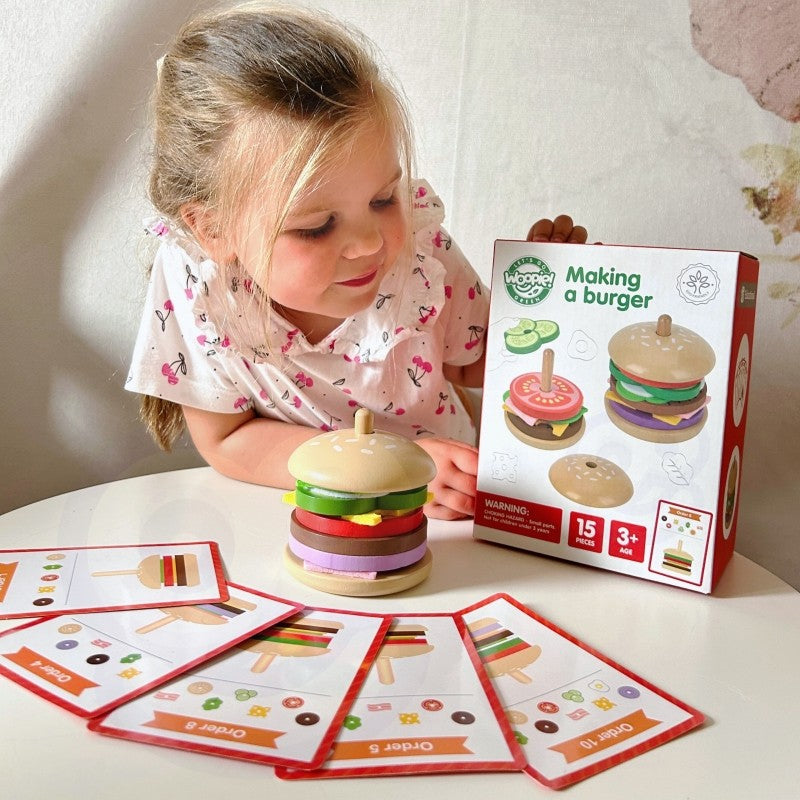 Medinė vaikų dėlionė „Burgerių restoranas“, 15 vnt. - BureiKids