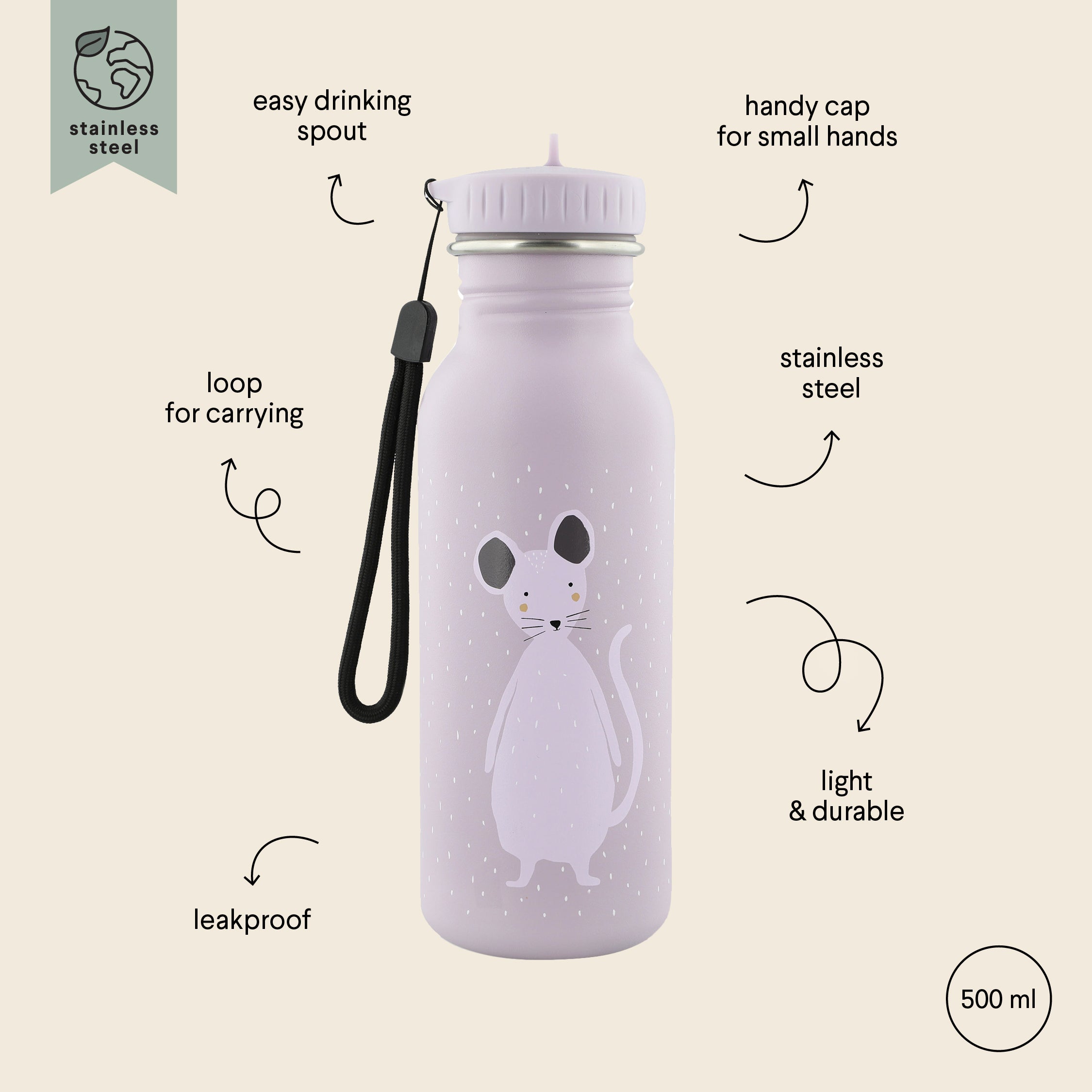 Nerūdijančio plieno gertuvė vaikams  500 ml - Ponia Pelytė  - BureiKids